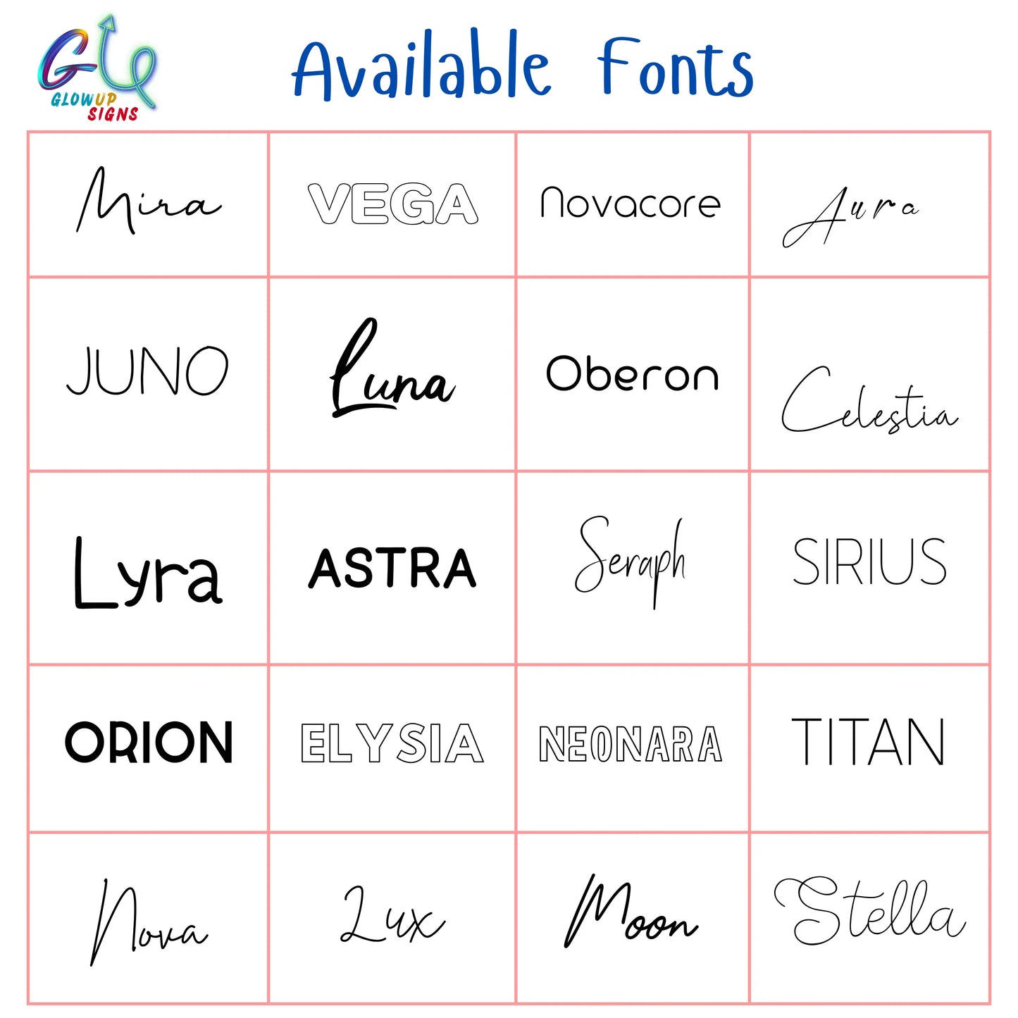 custom name sign font chart austin texas glowup signs lettering options