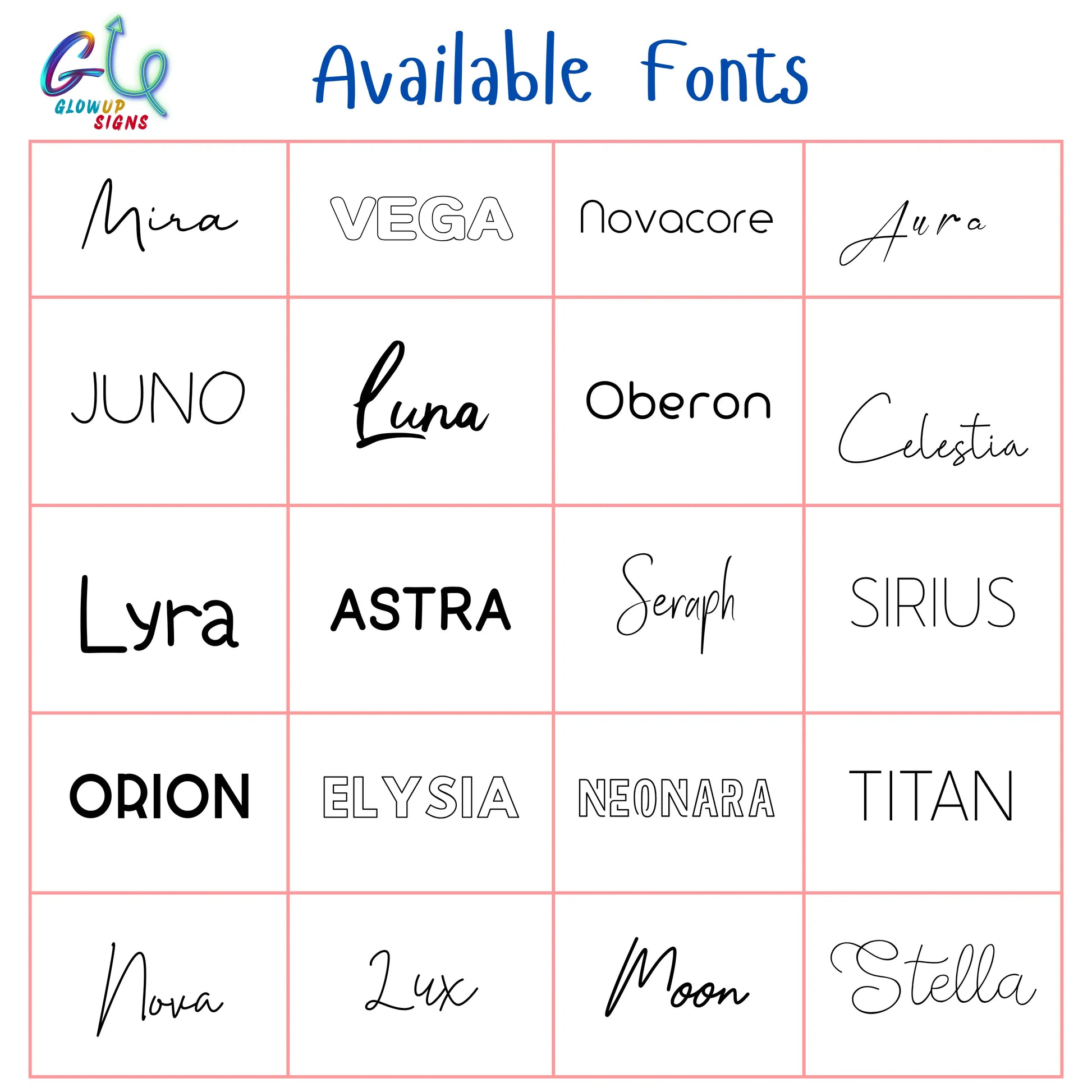 custom name sign font chart austin texas glowup signs lettering options