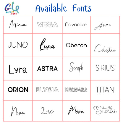 custom name sign font chart austin texas glowup signs lettering options