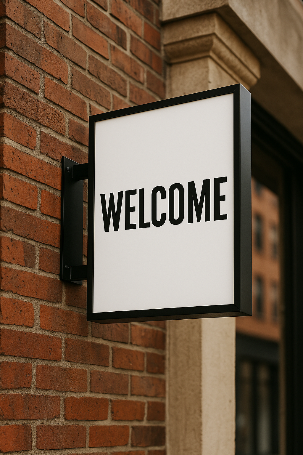 welcome blade sign square frame mounted on brick wall shop exterior glowup signs