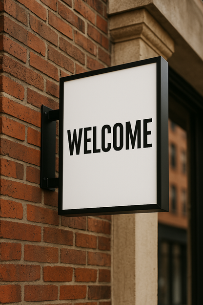 welcome blade sign square frame mounted on brick wall shop exterior glowup signs