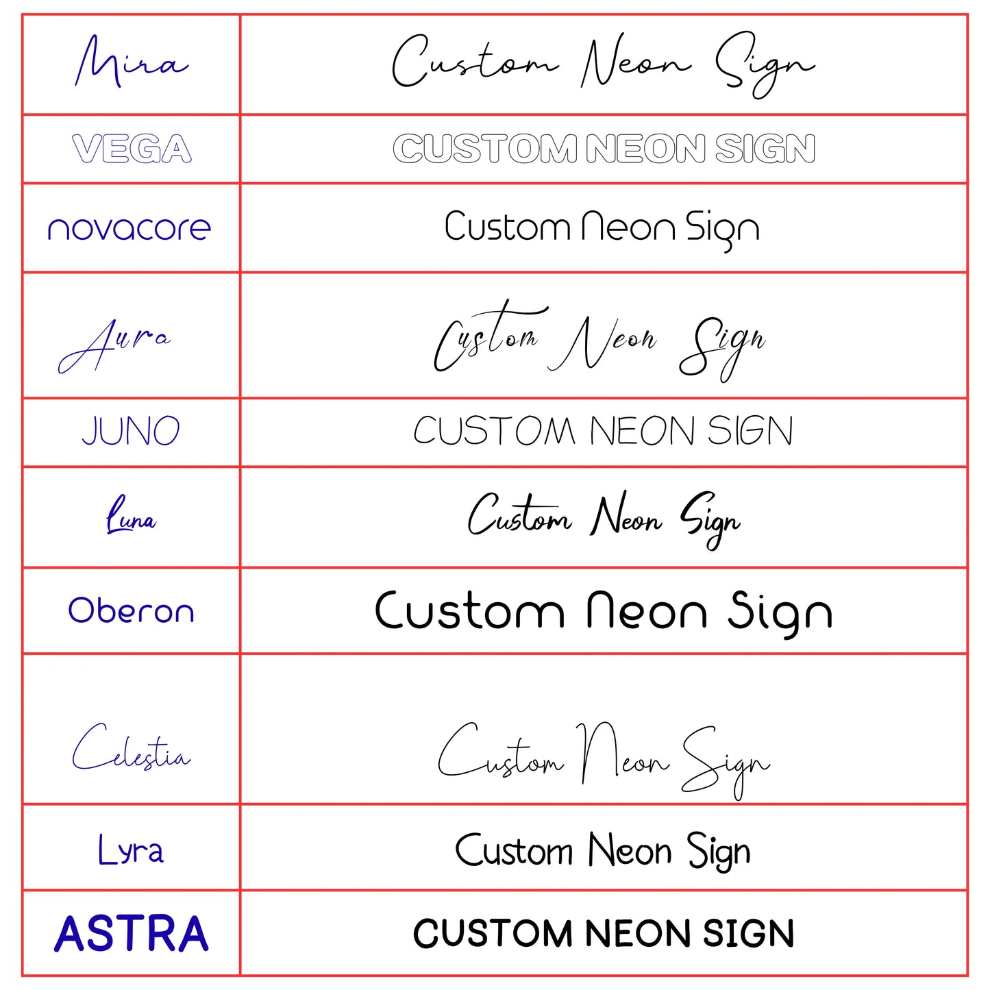 custom name sign neon font styles chart personalized led light austin
