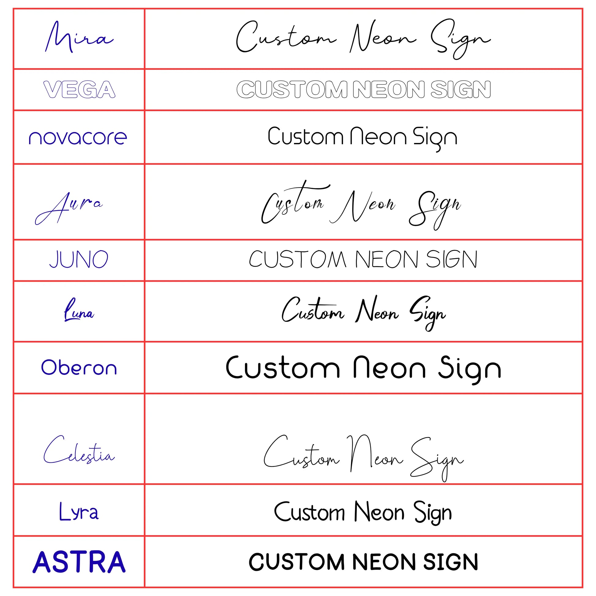 custom name sign neon font styles chart personalized led light austin
